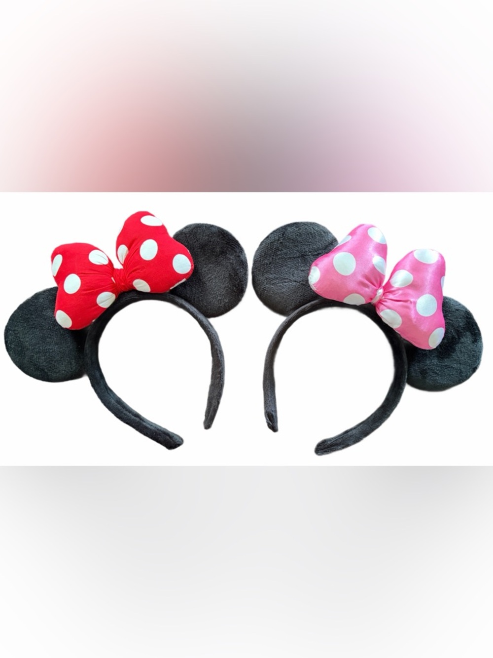 Black Plush Minnie Themed Ears with Red and Pink Polka Dot Bows NWOT